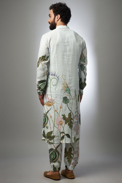White Printed Linen Bomber Kurta With Jogger Pant
